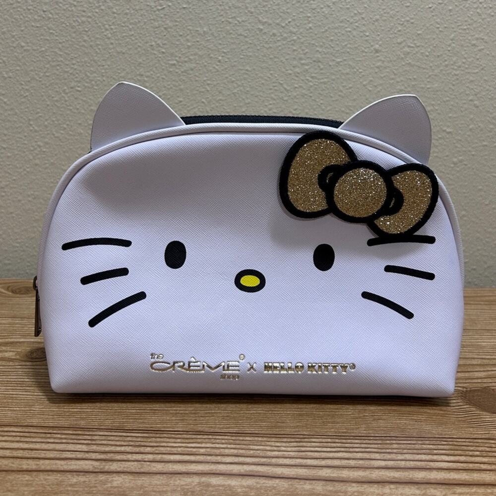The Crème Shop x Hello Kitty White Cosmetic Makeup Bag Gold Bow Sanrio 9"x6.5"